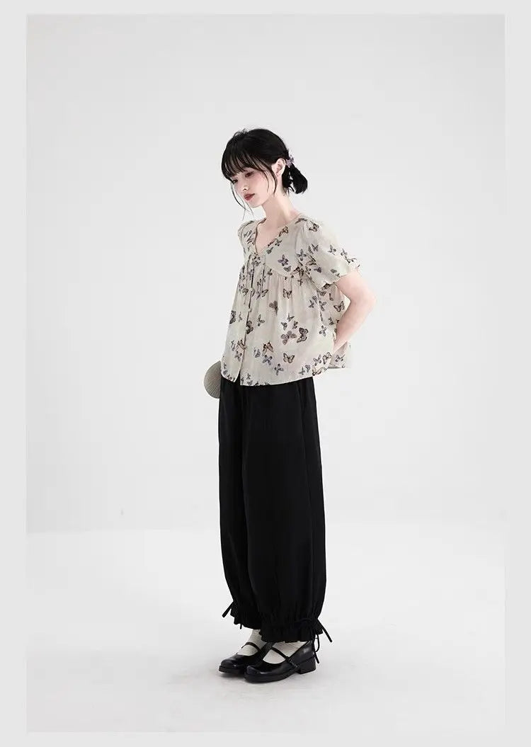 Women's Black High Waist Wide Leg Pants Drawstring Cuff Ruffled Casual Trousers