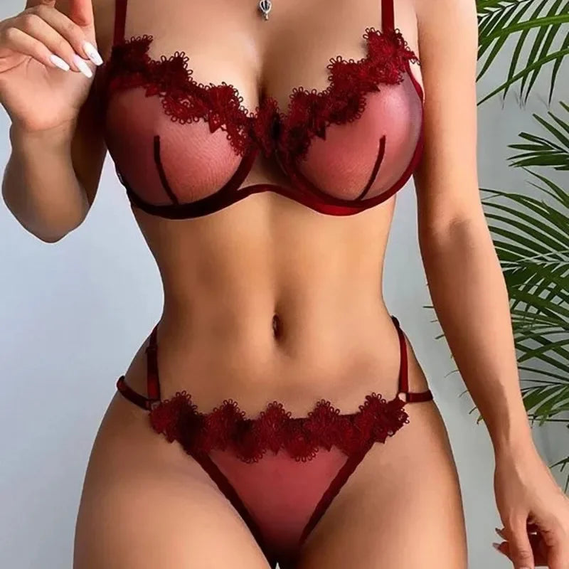 Tornova Sexy Lingerie Set Solid Color Lace See-through Underwear 2 Piece Set Lace Patchwork Mesh Interesting Women's Underwear