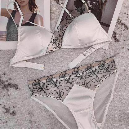 Women Underwear Set Sexy Silken Triangle Cup Wireless Bras French Bralette Seamless Intimates Bra and Thong Lingerie Set