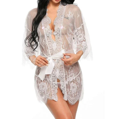 New Sexy Lace Transparent Ruffles Robe Women Lingerie See-through Babydolls Underwear Sleepwear Night Dress Erotic Sex Clothes