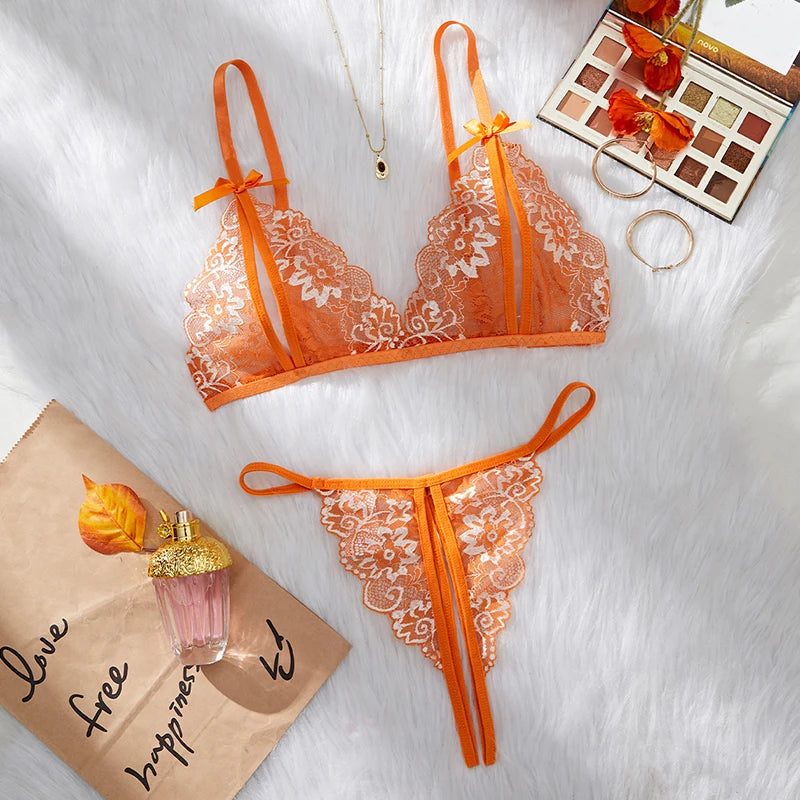 Floral Lace Bra Set Bow Intimates Bra And Thongs Sets Outfit Women's Underwear Set