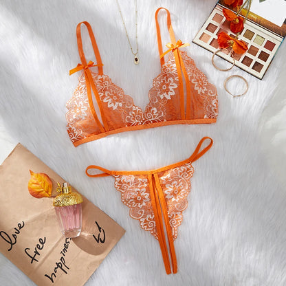 Floral Lace Bra Set Bow Intimates Bra And Thongs Sets Outfit Women's Underwear Set