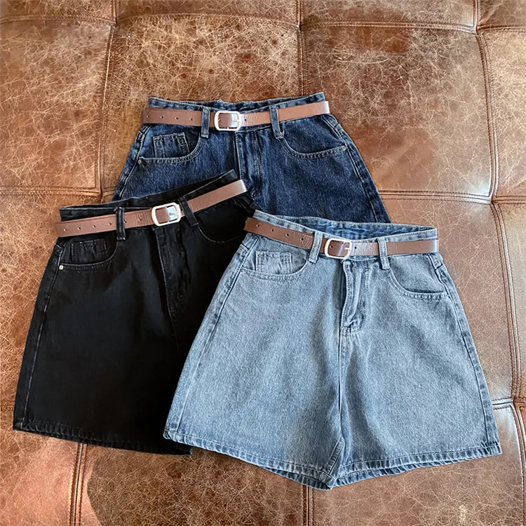 Women High Waist Denim Shorts Summer Chic Streetwear Female Casual Wide Leg Short Pants Solid Color Lady Loose Straight Shorts