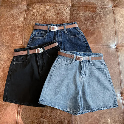 Women High Waist Denim Shorts Summer Chic Streetwear Female Casual Wide Leg Short Pants Solid Color Lady Loose Straight Shorts