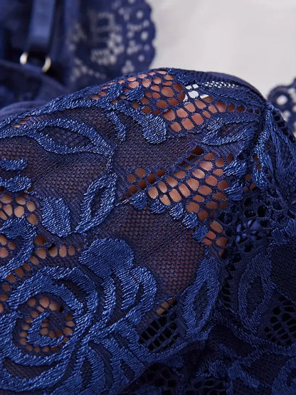 Blue Contrast Lace Ruffle Trim Lingerie Set Women's Nightdress See Through Deep V Mini Dress and Thong Nightgowns Underwear