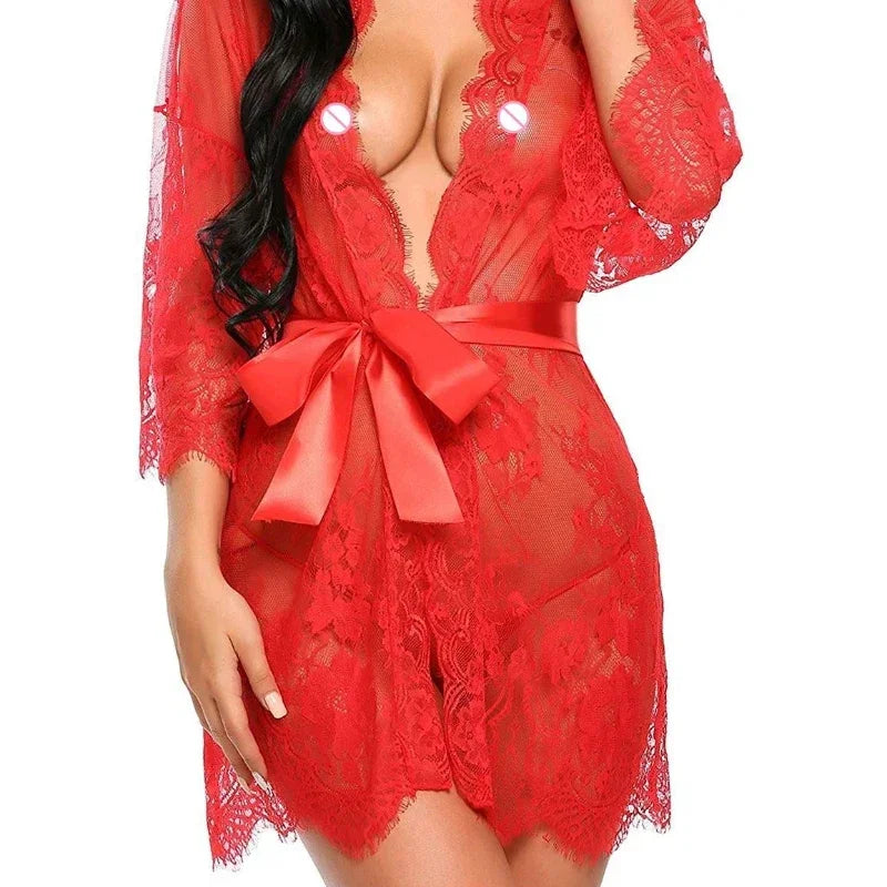 New Sexy Lace Transparent Ruffles Robe Women Lingerie See-through Babydolls Underwear Sleepwear Night Dress Erotic Sex Clothes