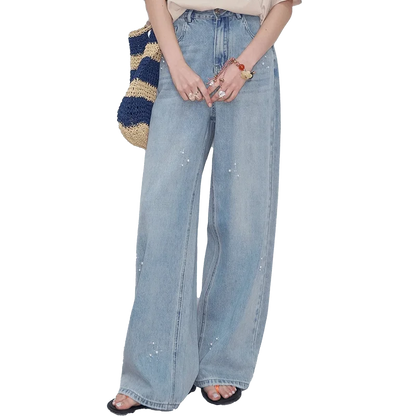ELFSACK High Waist Wide Leg Jeans for Women, Casual Loose Fit Denim Pants with Pearl Embellishment, Light Washed Trousers