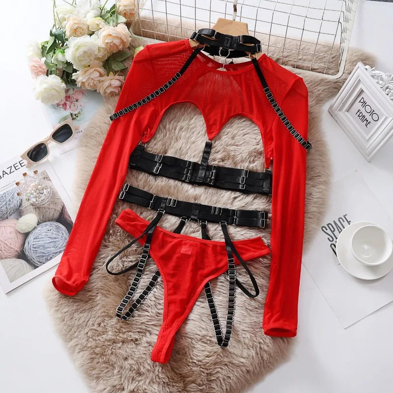 Tornova Sexy Lingerie Set for Women Strap Sexy Lingerie Mesh Splicing Hollow Sexy Lingerie 5-piece Set Halter Underwear Set New