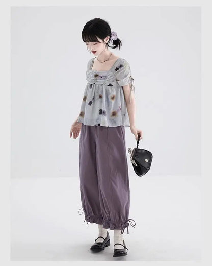 Women's Black High Waist Wide Leg Pants Drawstring Cuff Ruffled Casual Trousers