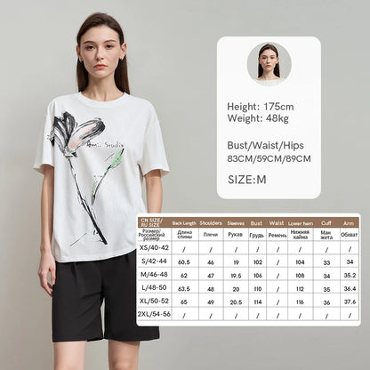 Amii Women's T-Shirt 2026 Summer New Cool Feeling Cotton Round Neck Tee Shirt Ink Art Print Loose Fit Short Sleeve Tops 12622149
