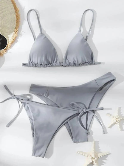 Sexy Solid 3 piece Bikini Set Women's Halter Lace Up Low Waist Swimsuit Triangle Thong Tie On Side Swimwear Brazilian Biquinis