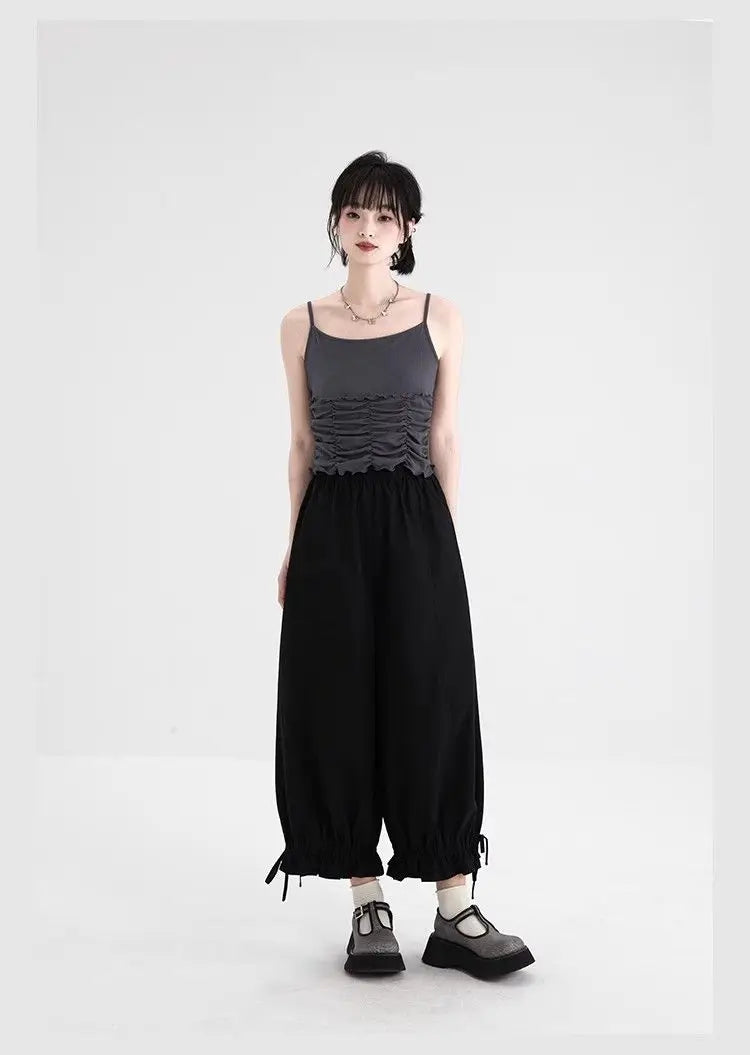 Women's Black High Waist Wide Leg Pants Drawstring Cuff Ruffled Casual Trousers