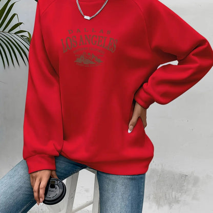 Women's autumn and winter casual wide pine mountain and letter pattern print warm and velvet long sleeved round neck sweatshirt