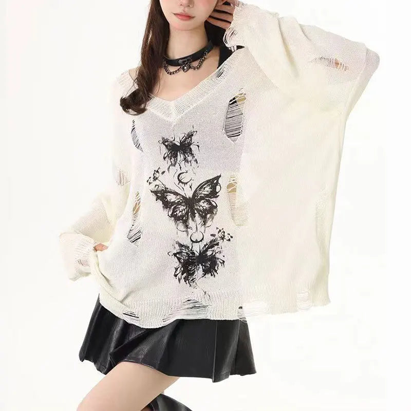 Sexy Graffiti Butterfly Hollow-out Knit Tops Summer Thin Sunscreen Cover Shirt Loose Casual Versatile Y2K Long Sleeve Blouses