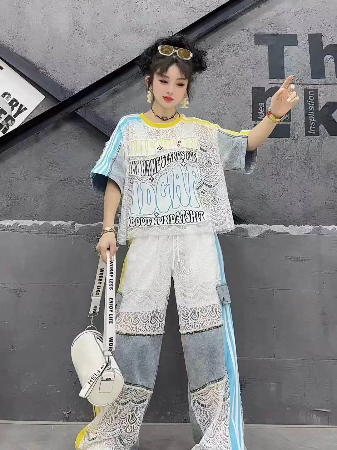 Fashion Women Denim Splicing Printed Contrast Color Short Sleeve Loose LongCasual Streetwear Outfit top