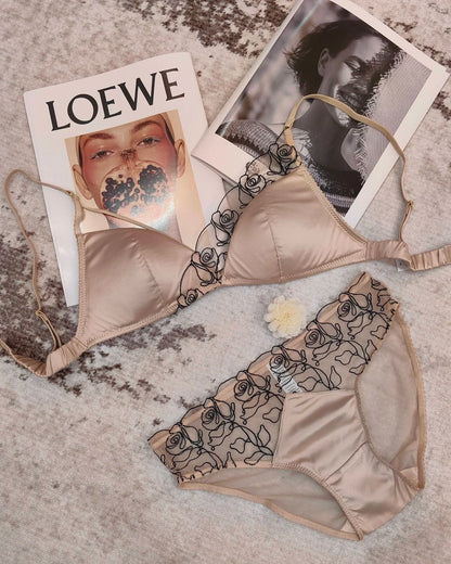 Women Underwear Set Sexy Silken Triangle Cup Wireless Bras French Bralette Seamless Intimates Bra and Thong Lingerie Set