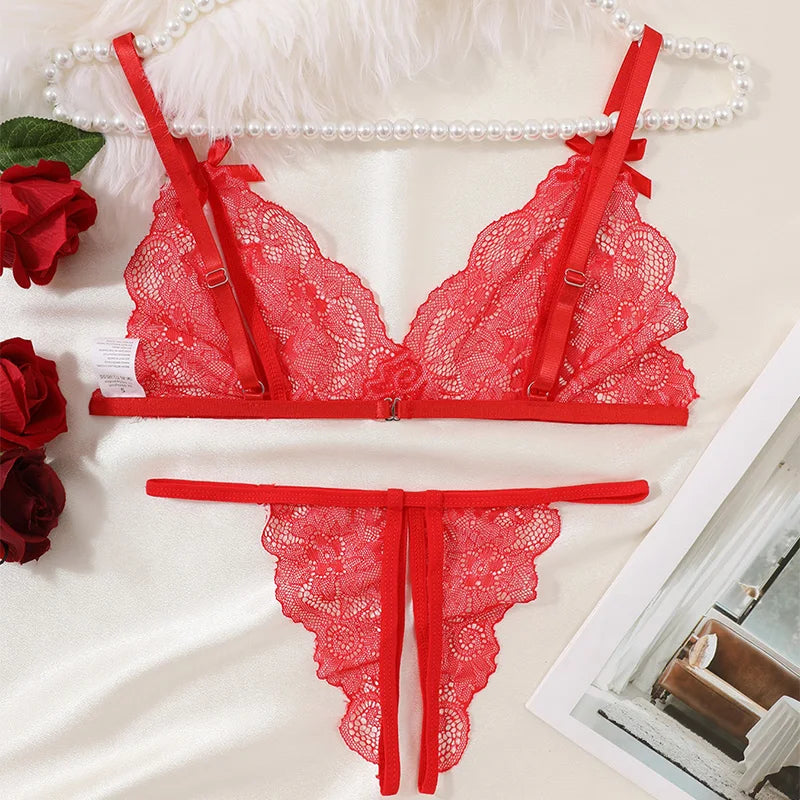 Floral Lace Bra Set Bow Intimates Bra And Thongs Sets Outfit Women's Underwear Set