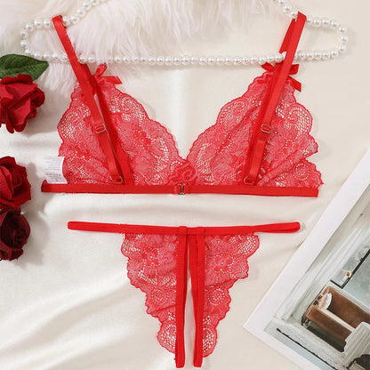 Floral Lace Bra Set Bow Intimates Bra And Thongs Sets Outfit Women's Underwear Set