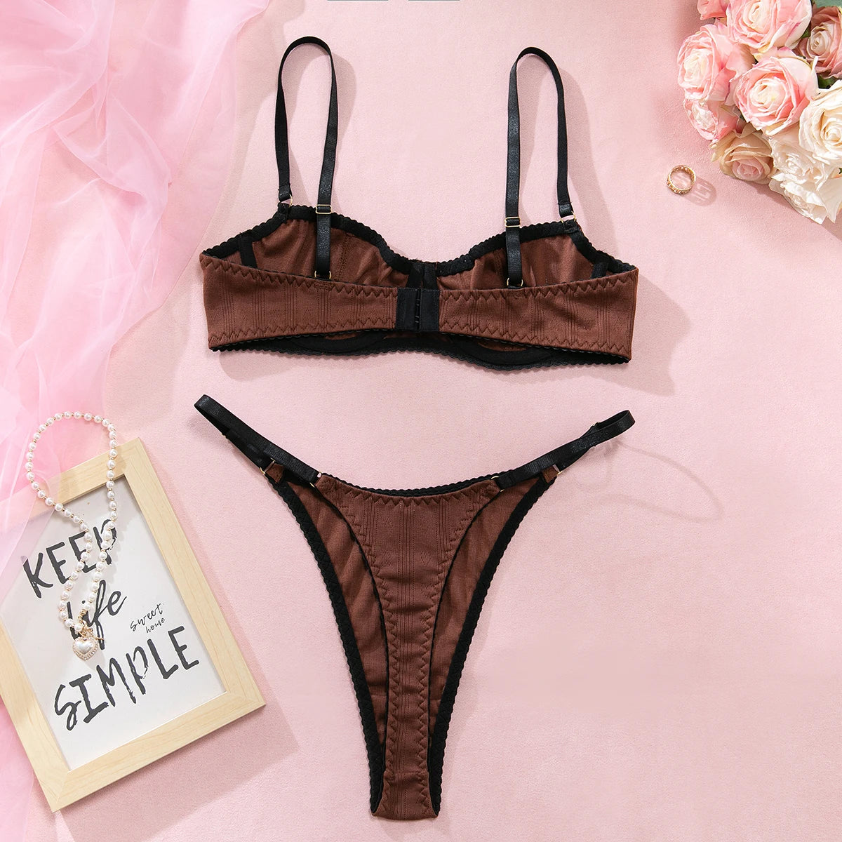 Light Blue Knitted Rayon 2Pcs Women's Lingerie Set Underwire Push-Up Bra Adjustable Thong Soft Breathable Sexy Daily Underwear