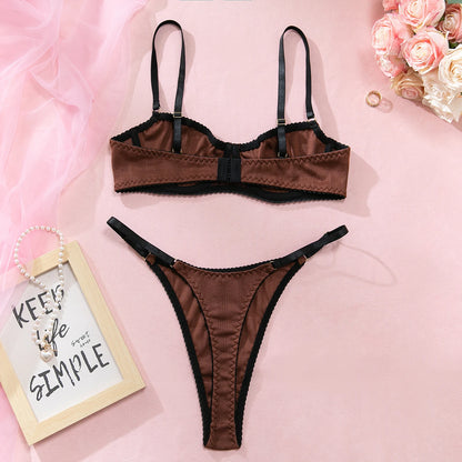 Light Blue Knitted Rayon 2Pcs Women's Lingerie Set Underwire Push-Up Bra Adjustable Thong Soft Breathable Sexy Daily Underwear