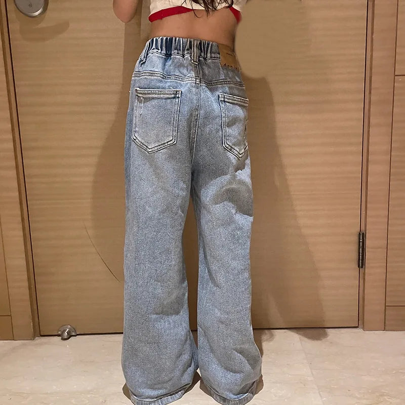 Teenage Girls Jeans 2026 Spring Fall Casual Fashion Loose Ripped Hole Kids Retro Korea Pants School Children Trousers 6 8 10 12Y