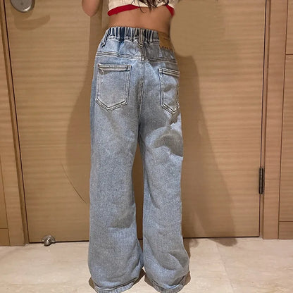 Teenage Girls Jeans 2026 Spring Fall Casual Fashion Loose Ripped Hole Kids Retro Korea Pants School Children Trousers 6 8 10 12Y
