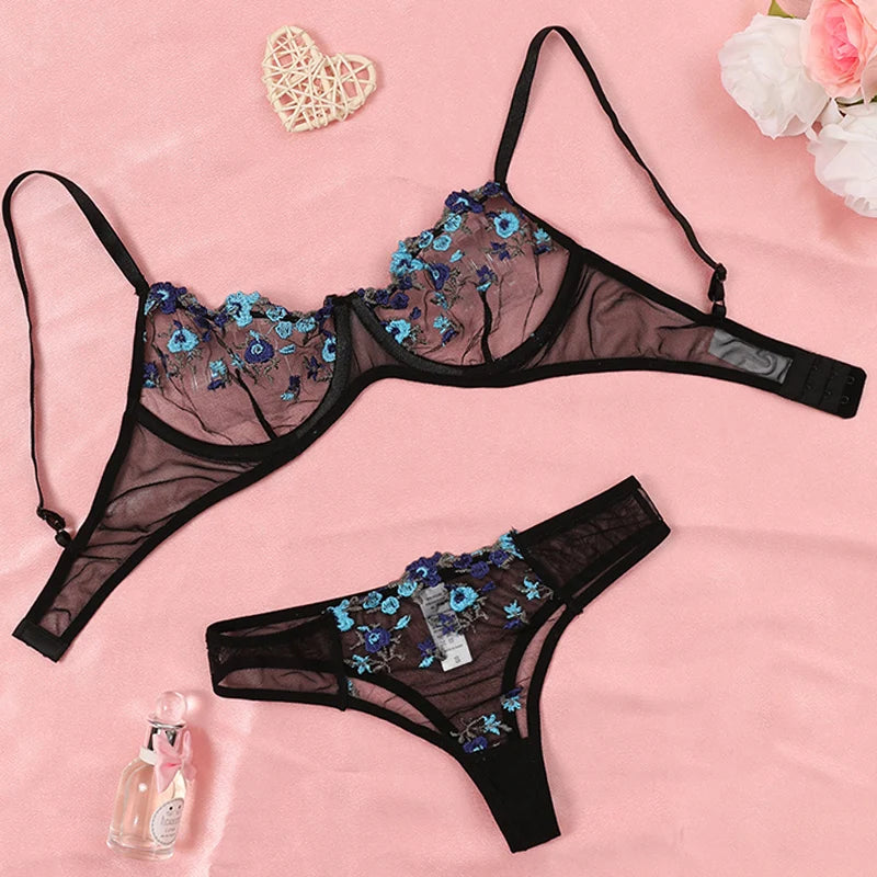 Embroidery Floral Ultra-thin Exquisite Transparent Women Underwear Bra Set