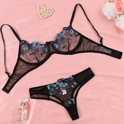 Embroidery Floral Ultra-thin Exquisite Transparent Women Underwear Bra Set