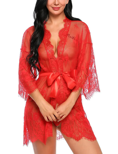 Women Sexy Lingerie Babydoll Erotic Transparent V-Neck Nightdress Robe G-string Costume Lace Sleepwear Dress