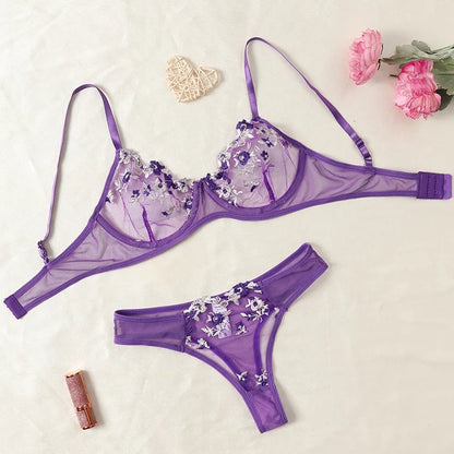 Embroidery Floral Ultra-thin Exquisite Transparent Women Underwear Bra Set
