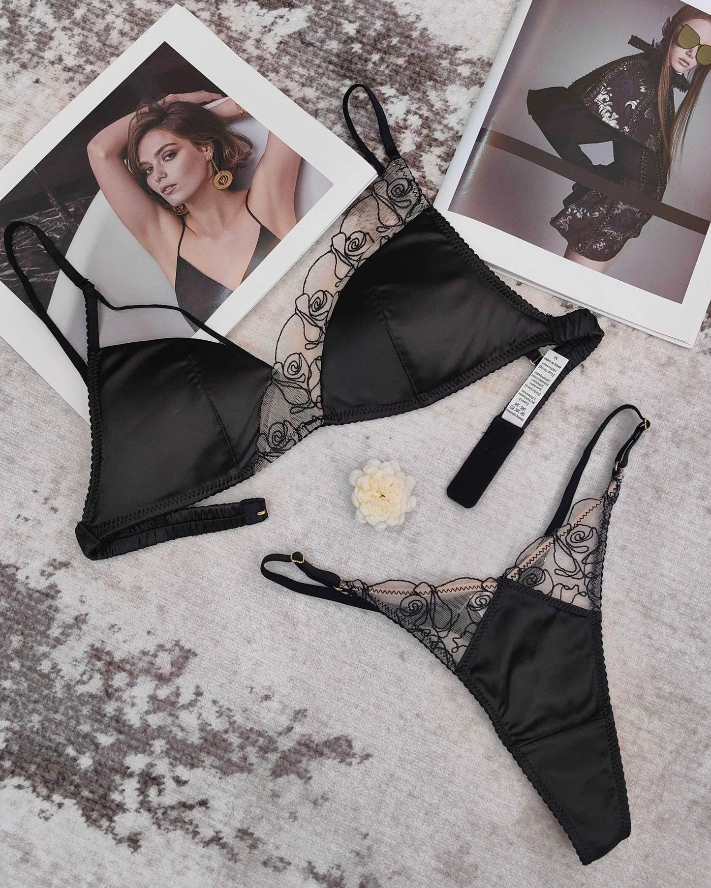 Women Underwear Set Sexy Silken Triangle Cup Wireless Bras French Bralette Seamless Intimates Bra and Thong Lingerie Set