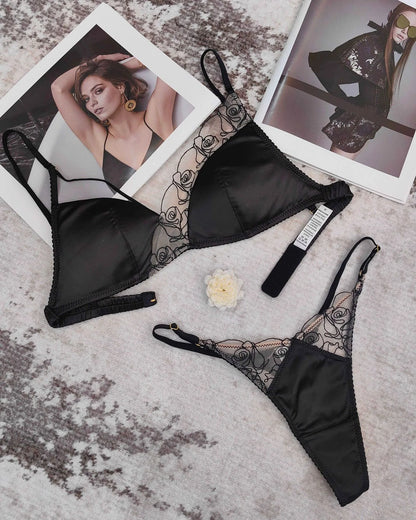 Women Underwear Set Sexy Silken Triangle Cup Wireless Bras French Bralette Seamless Intimates Bra and Thong Lingerie Set