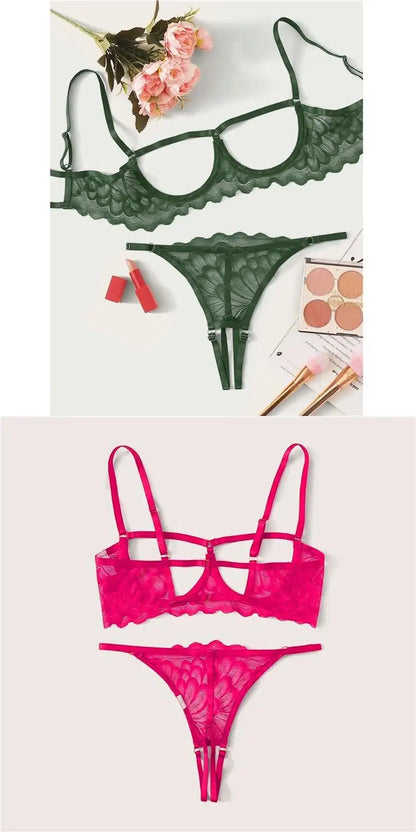 Toucheart 2-piece Set Showing Breasts Sexy Interesting Underwear Women Solid Color Mesh Hollow Out See-through Sexy Lingerie Set