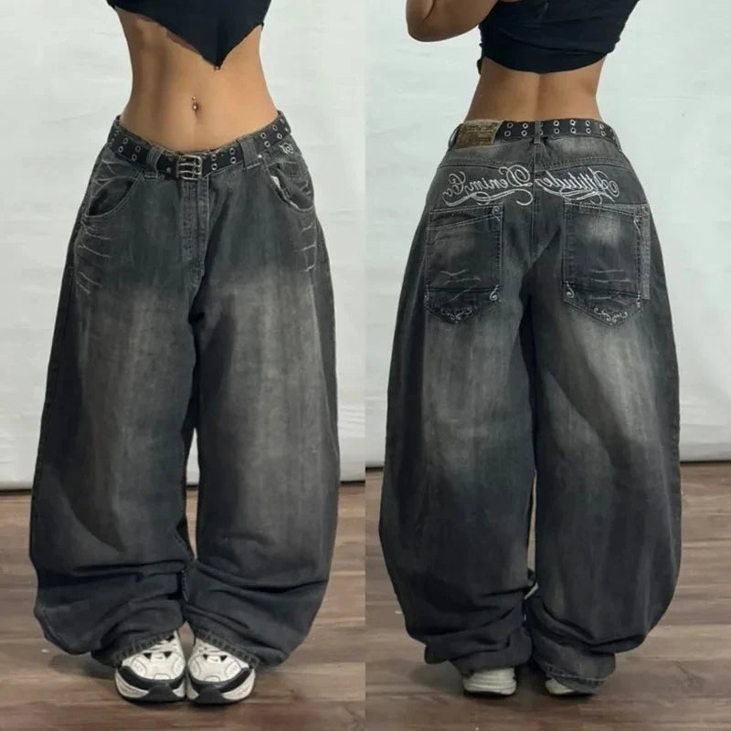 Y2K New Fashion Pink Pattern Patch Loose Jeans Women Gothic Harajuku Hip Hop Casual Joker Wide Leg Denim Trousers