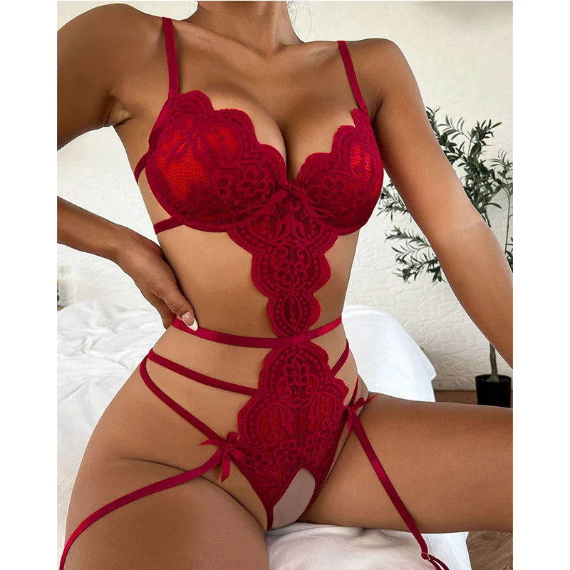Hot Lace Bodysuit Babydoll Pajamas Set Garter Deep V Open Bra Crotchless Women's See-Through Corset Sex Lingerie Exotic Apparel
