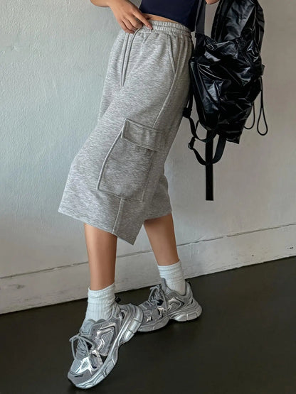 Women Loose Casual Shorts High Waisted Straight Fit Shorts Wide Leg Mid Length Shorts Summer Gray Comfortable Bottoms