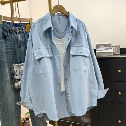 Loose Casual Denim Workwear Jacket Women's Spring Autumn New Version Large Size Shirt Lazy Minimalist Versatile Shirt