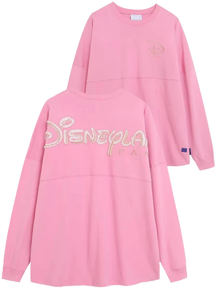 Disney World Letter Mickey Mouse Cartoon Print Embroidery Flares Pearl Pink Sweatshirt Sweet Women Long Sleeve Loose Jumper Tops