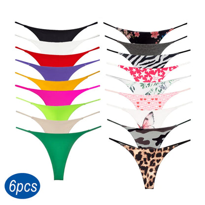 6PCS/Set Strap Thong Double Layer Cotton Panties for Women Plus Size Sexy Seamless Underwear Leopard/Camouflage G String
