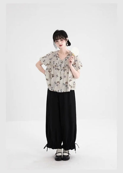 Women's Black High Waist Wide Leg Pants Drawstring Cuff Ruffled Casual Trousers