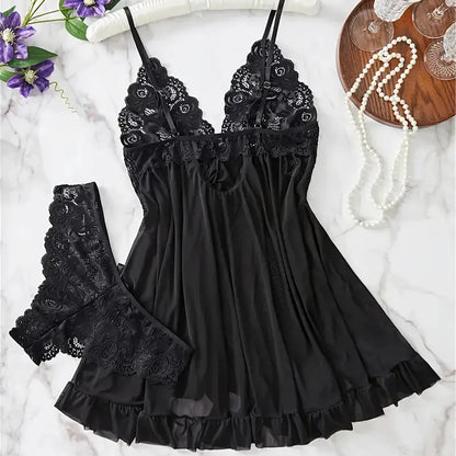 Blue Contrast Lace Ruffle Trim Lingerie Set Women's Nightdress See Through Deep V Mini Dress and Thong Nightgowns Underwear