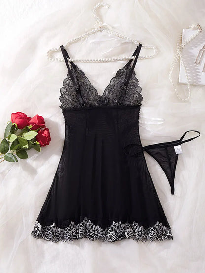 Short Sexy Deep V Women's Nightgown Embroidered Dress Fashions Pajamas Free Thong Night Sleepwear Suspender Baby Doll Lingerie