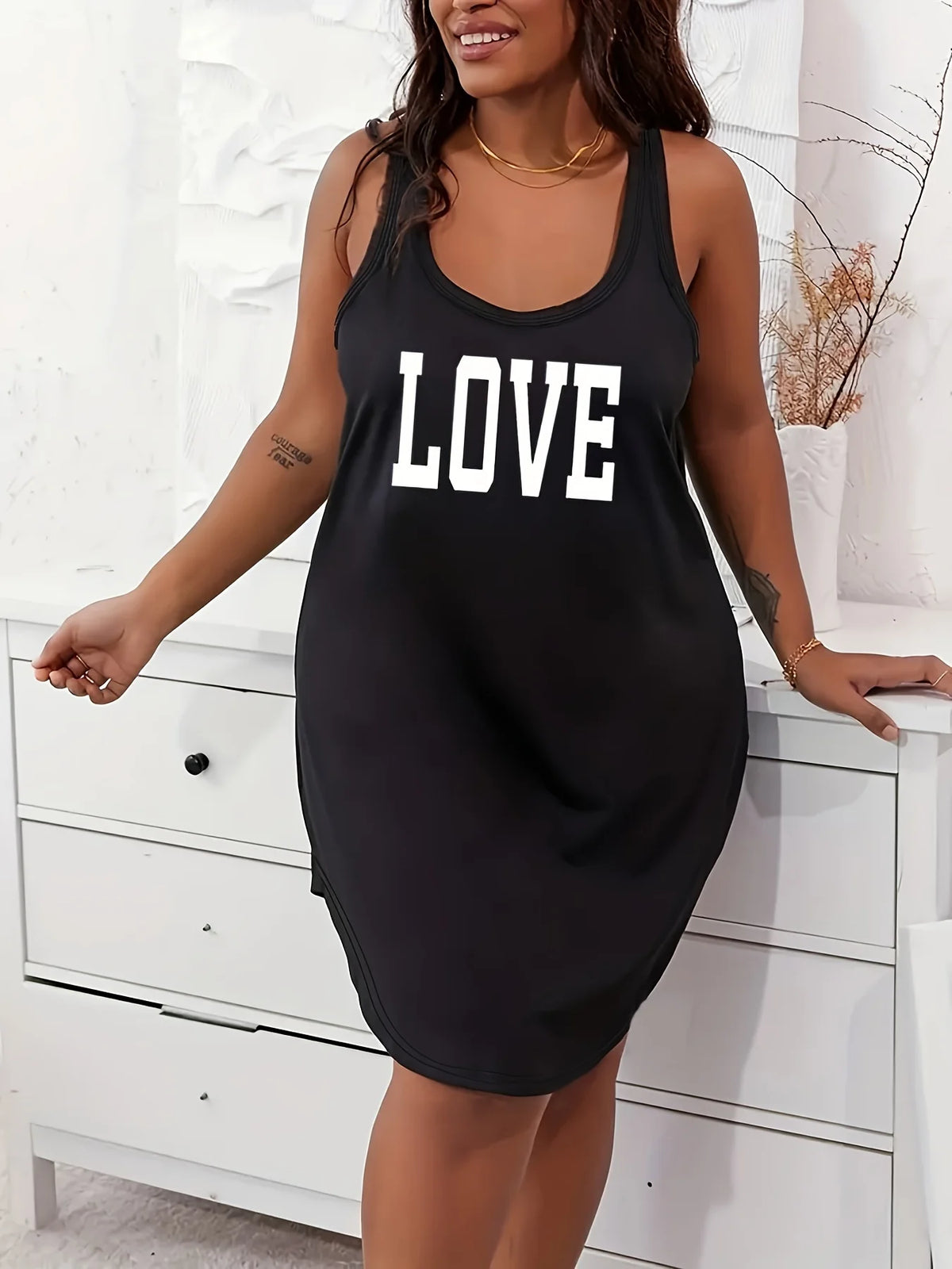 [Plus Size Tank Dress] Women's Plus Size "LOVE"Letter  Print Sleeveless Tank Tank Dress Nightgown - Ultra-Comfortable Home Sleepwear
