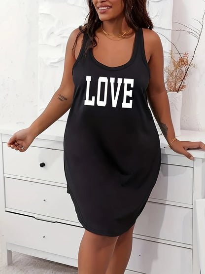 [Plus Size Tank Dress] Women's Plus Size "LOVE"Letter  Print Sleeveless Tank Tank Dress Nightgown - Ultra-Comfortable Home Sleepwear