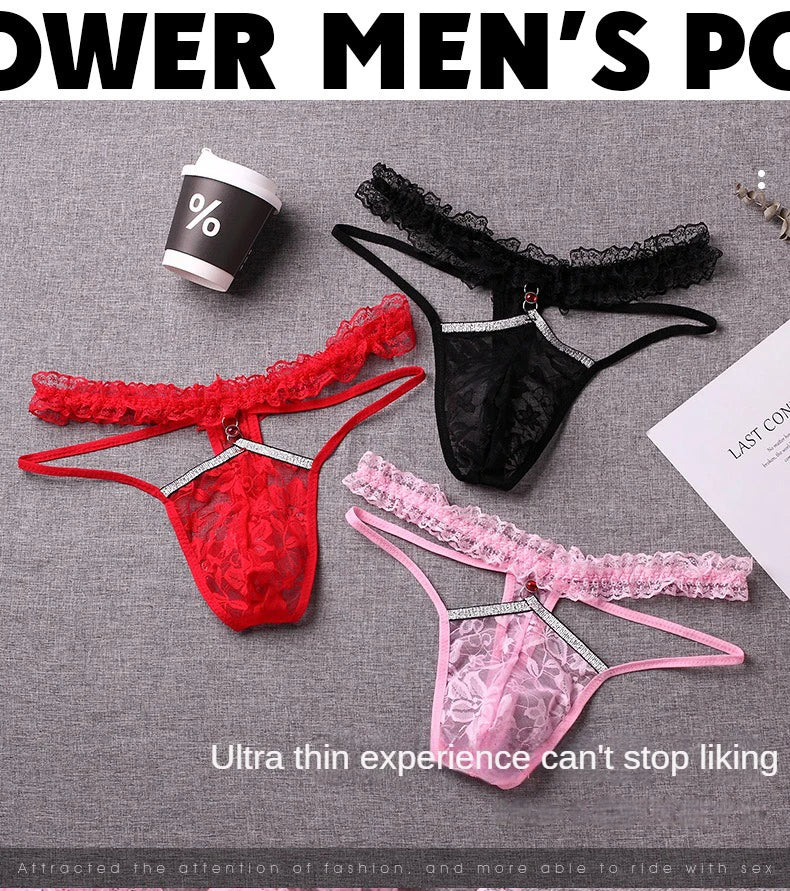 Men Sexy Thong Lace Sheer Underwear Tanga Hombre Man Panties Sissy Erotic Lingerie G String Ultra-Thin Rhinestone Underpants