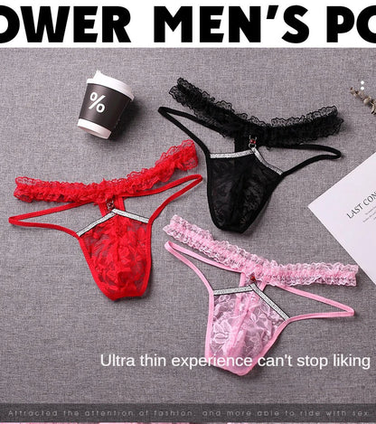 Men Sexy Thong Lace Sheer Underwear Tanga Hombre Man Panties Sissy Erotic Lingerie G String Ultra-Thin Rhinestone Underpants