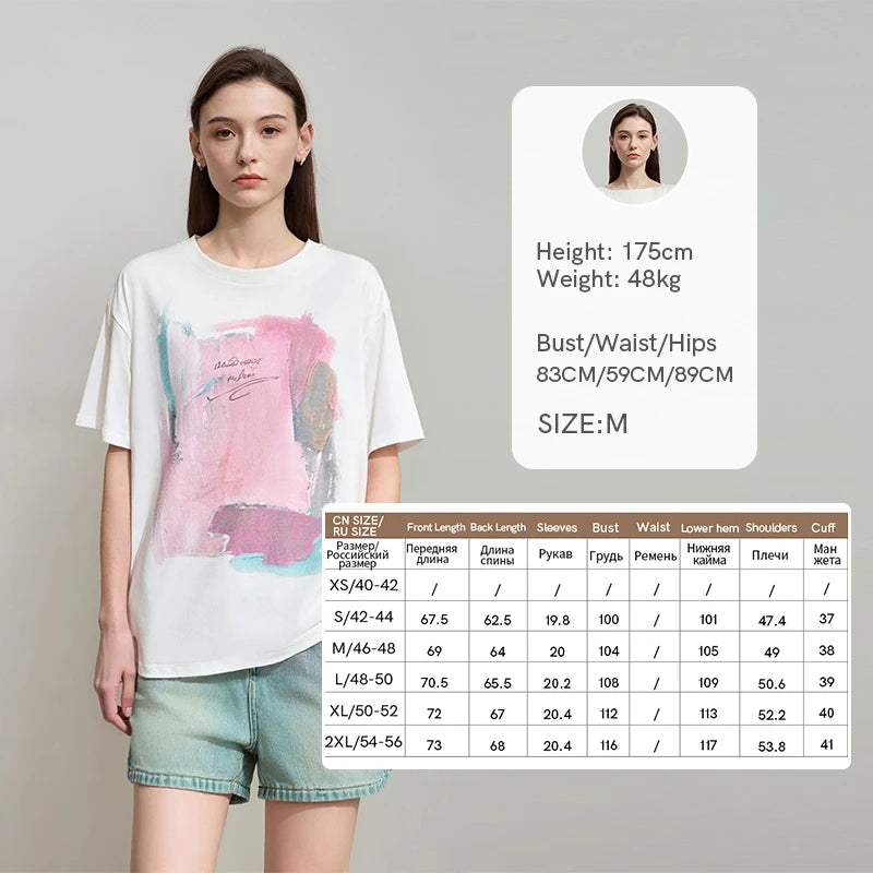 Amii Women's T-Shirt 2026 Summer New Cotton O-Neck Drop Shoulder Tee Casual Printed Loose Short Sleeve Top For Women 12642030