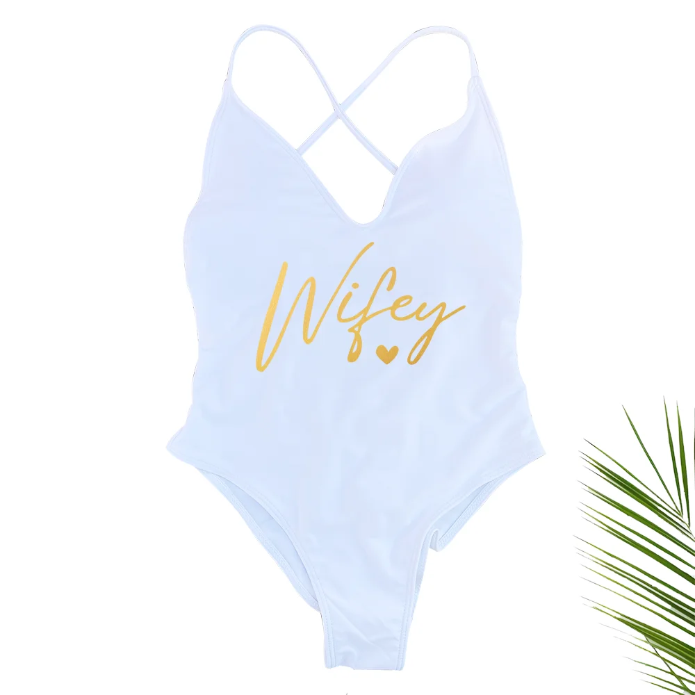 Sexy Padded Wifey One Piece Swimsuit bride Swimwear Women Backless Rose gold Bathing Suit Summer Beachwear monokini Thong