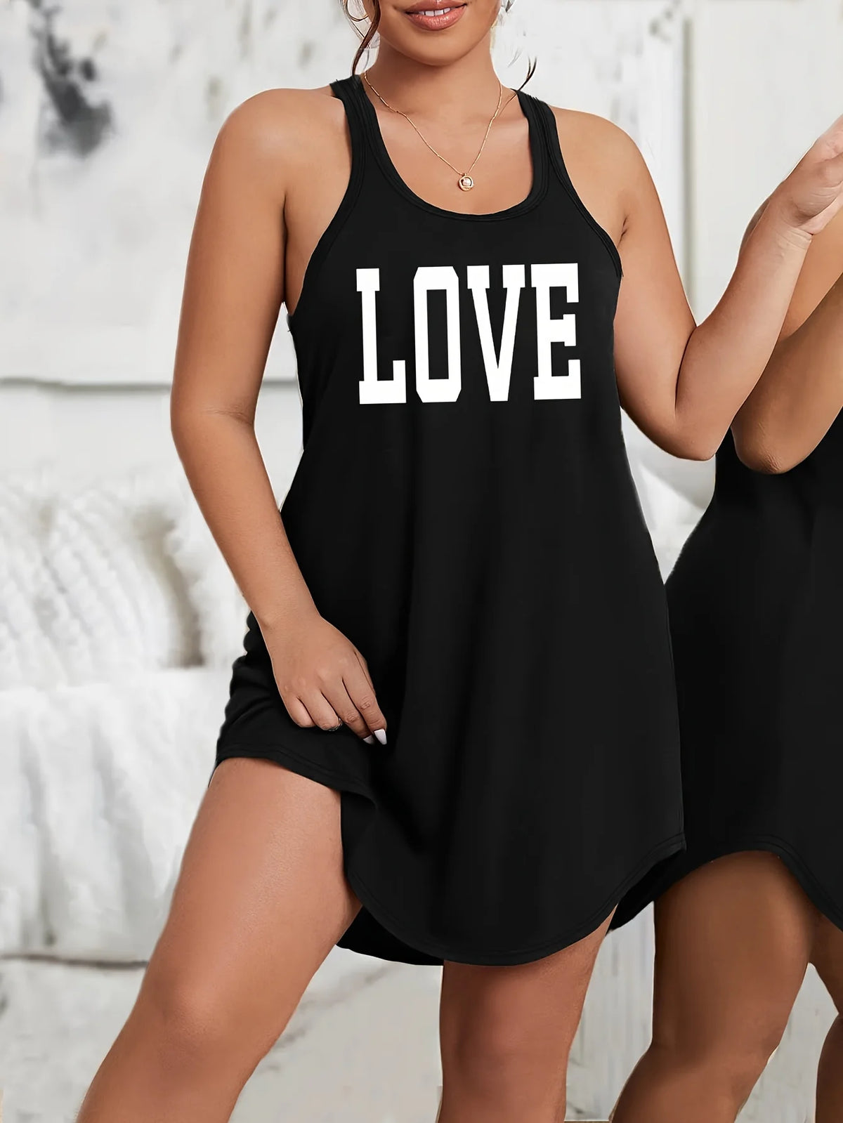 [Plus Size Tank Dress] Women's Plus Size "LOVE"Letter  Print Sleeveless Tank Tank Dress Nightgown - Ultra-Comfortable Home Sleepwear