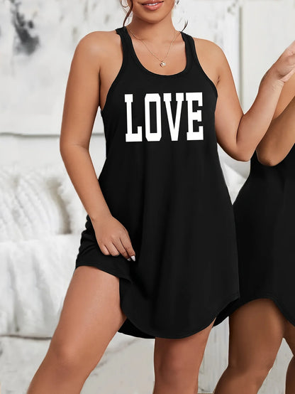 [Plus Size Tank Dress] Women's Plus Size "LOVE"Letter  Print Sleeveless Tank Tank Dress Nightgown - Ultra-Comfortable Home Sleepwear